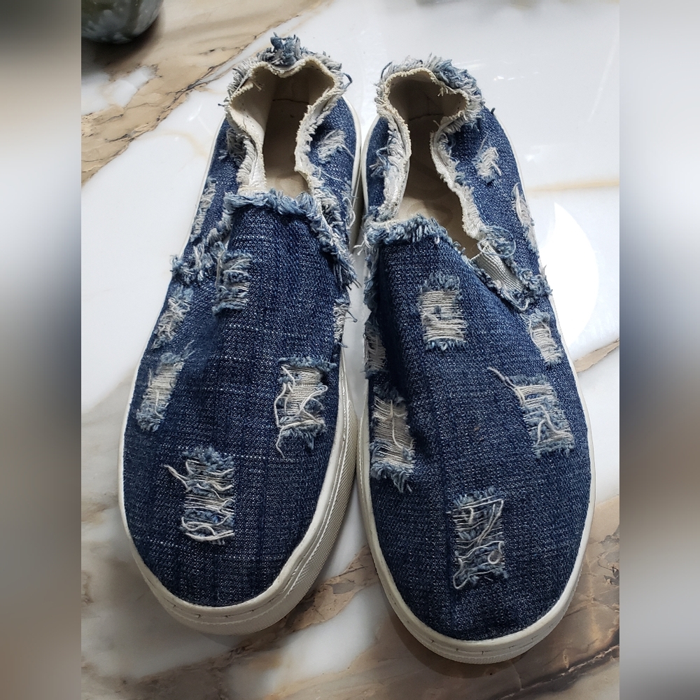 Sam Edelman Lacey Blue Denim Jeans Distressed Slip On Platform Shoes Size 6m - Picture 6 of 10